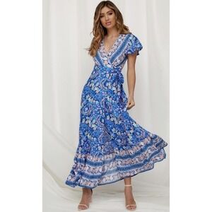 Zesica Floral Cotton Blend  V-Neck Flutter Sleeve Maxi Wrap Dress. Size Small.